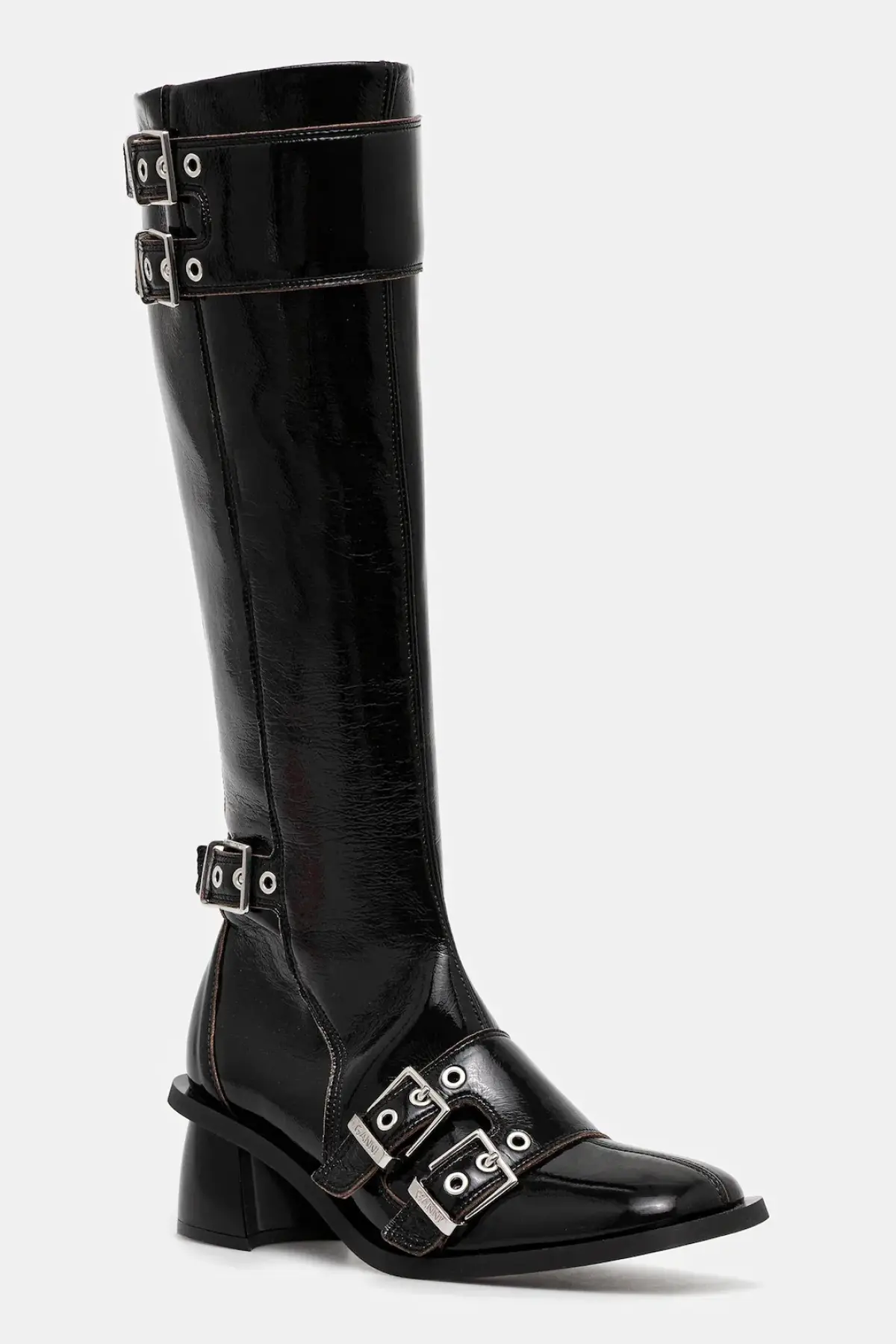 Сапоги GANNI Feminine Buckle High Boot Naplack цвет чёрный каблук кирпичик