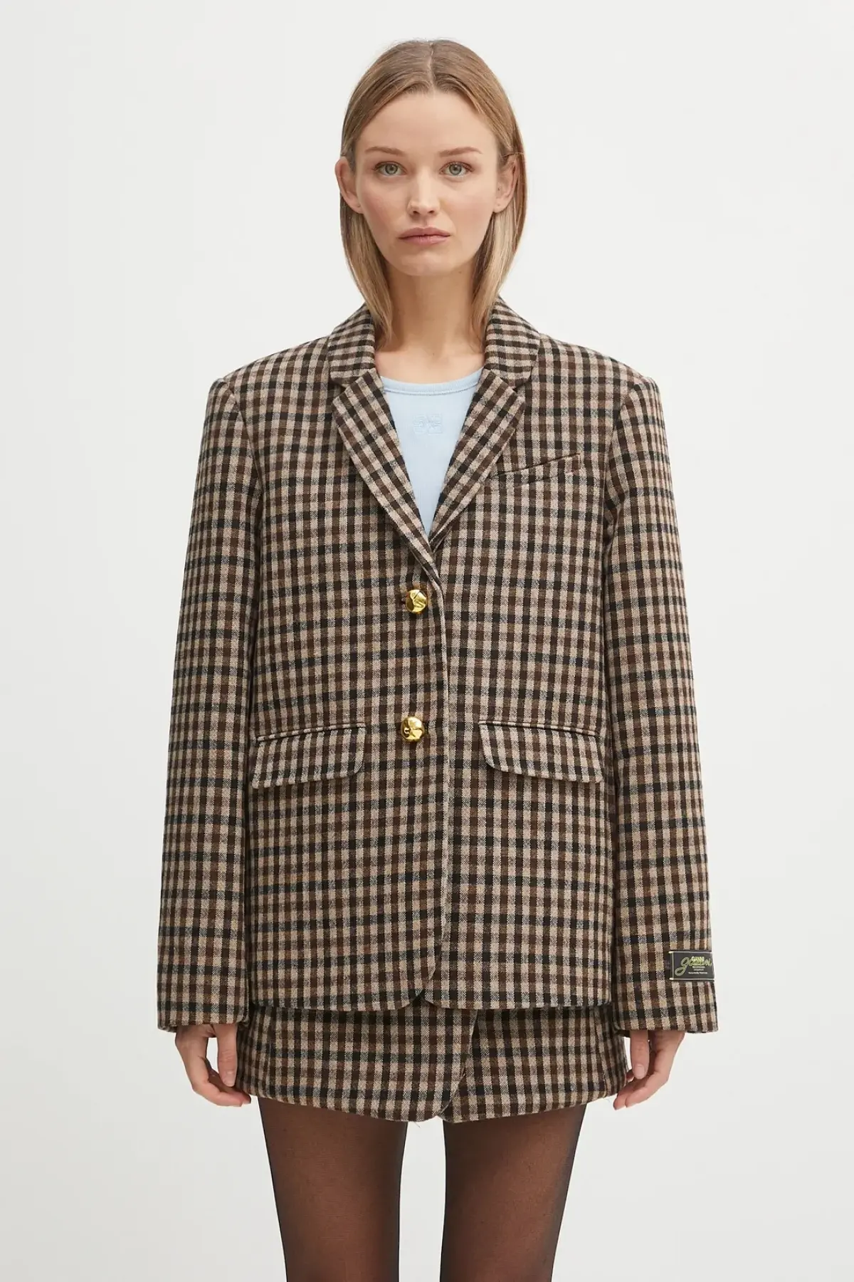 Пиджак с примесью шерсти GANNI Check Wool Mix Oversized Blazer цвет коричневый однобортный узор