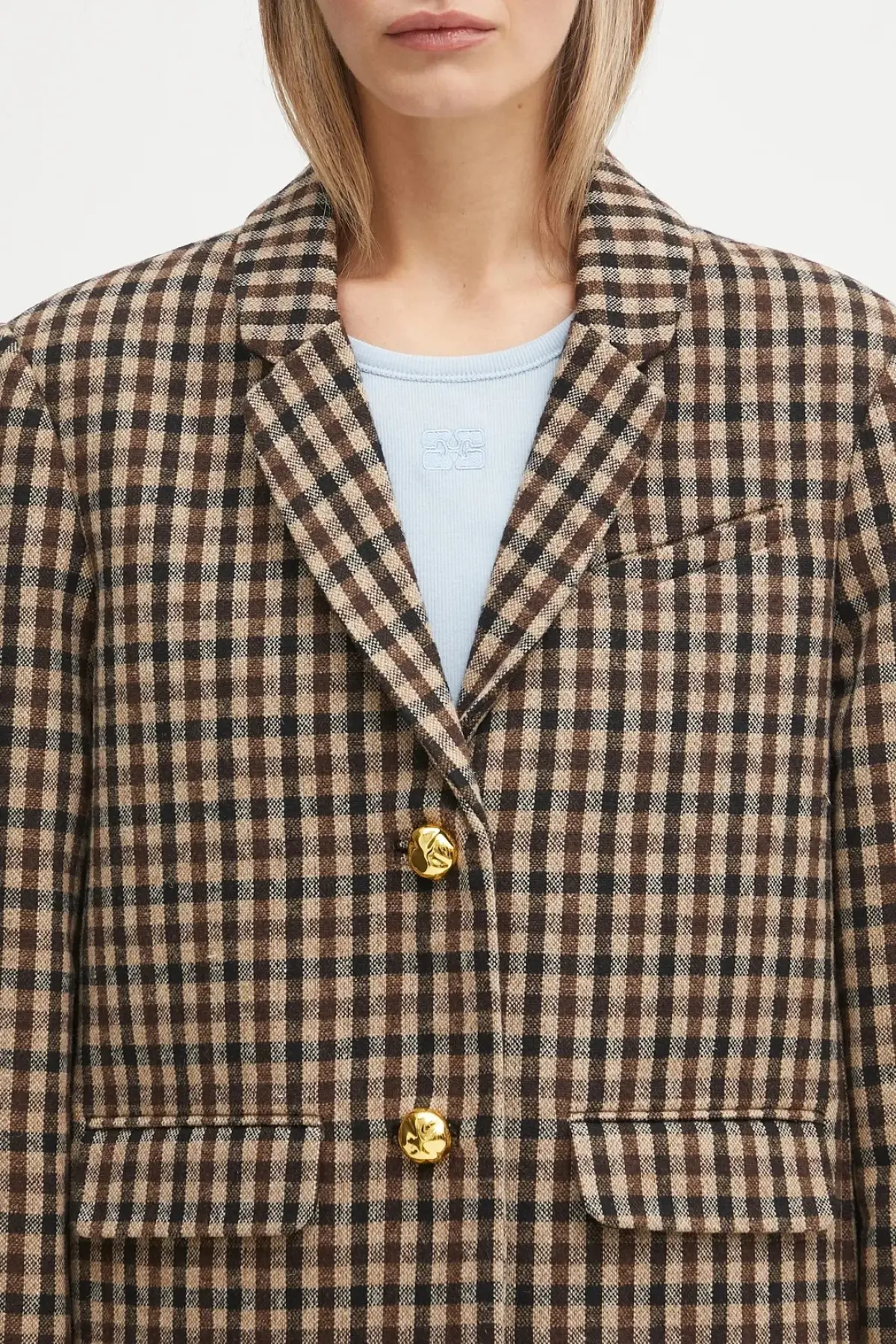 Пиджак с примесью шерсти GANNI Check Wool Mix Oversized Blazer цвет коричневый однобортный узор