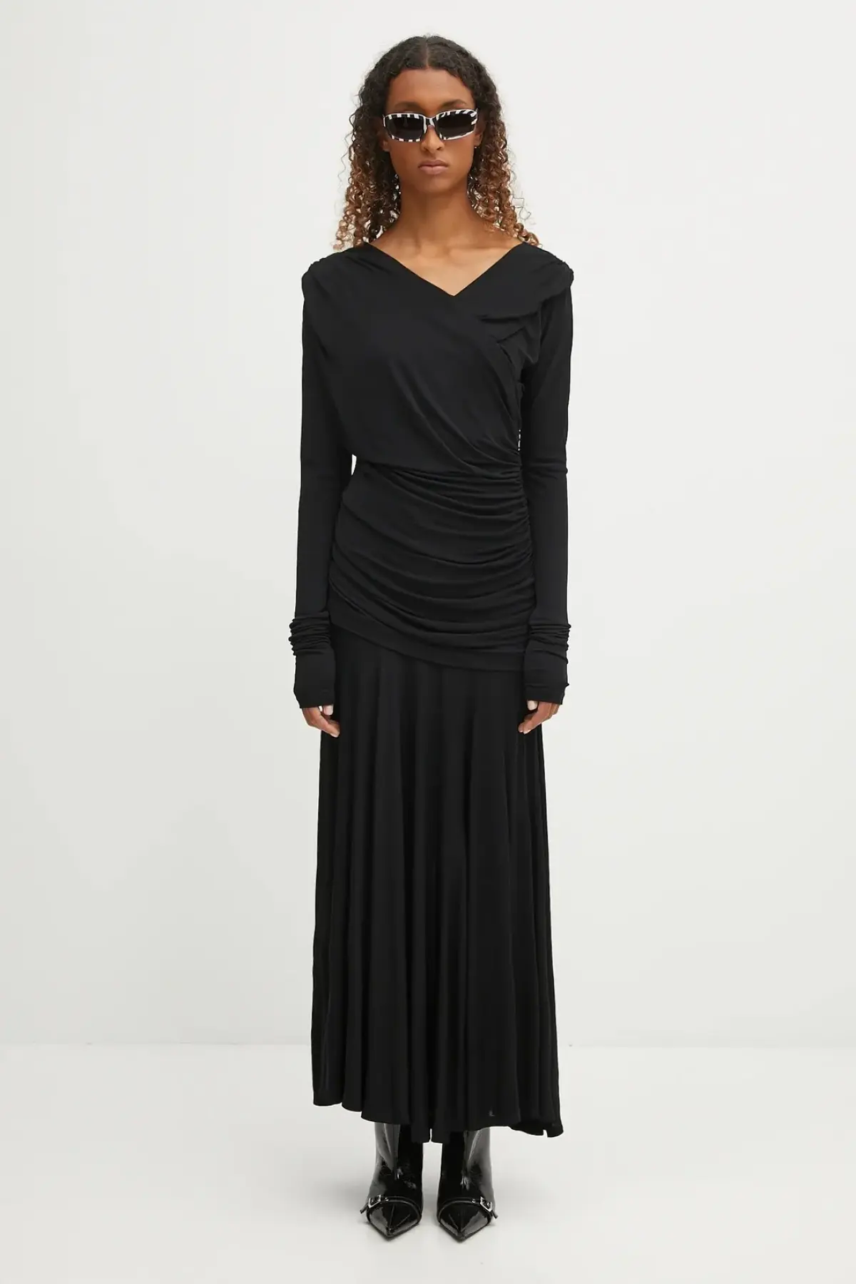 Платье GANNI Interlock Jersey Crossover Ruched Long цвет чёрный maxi расклешённое