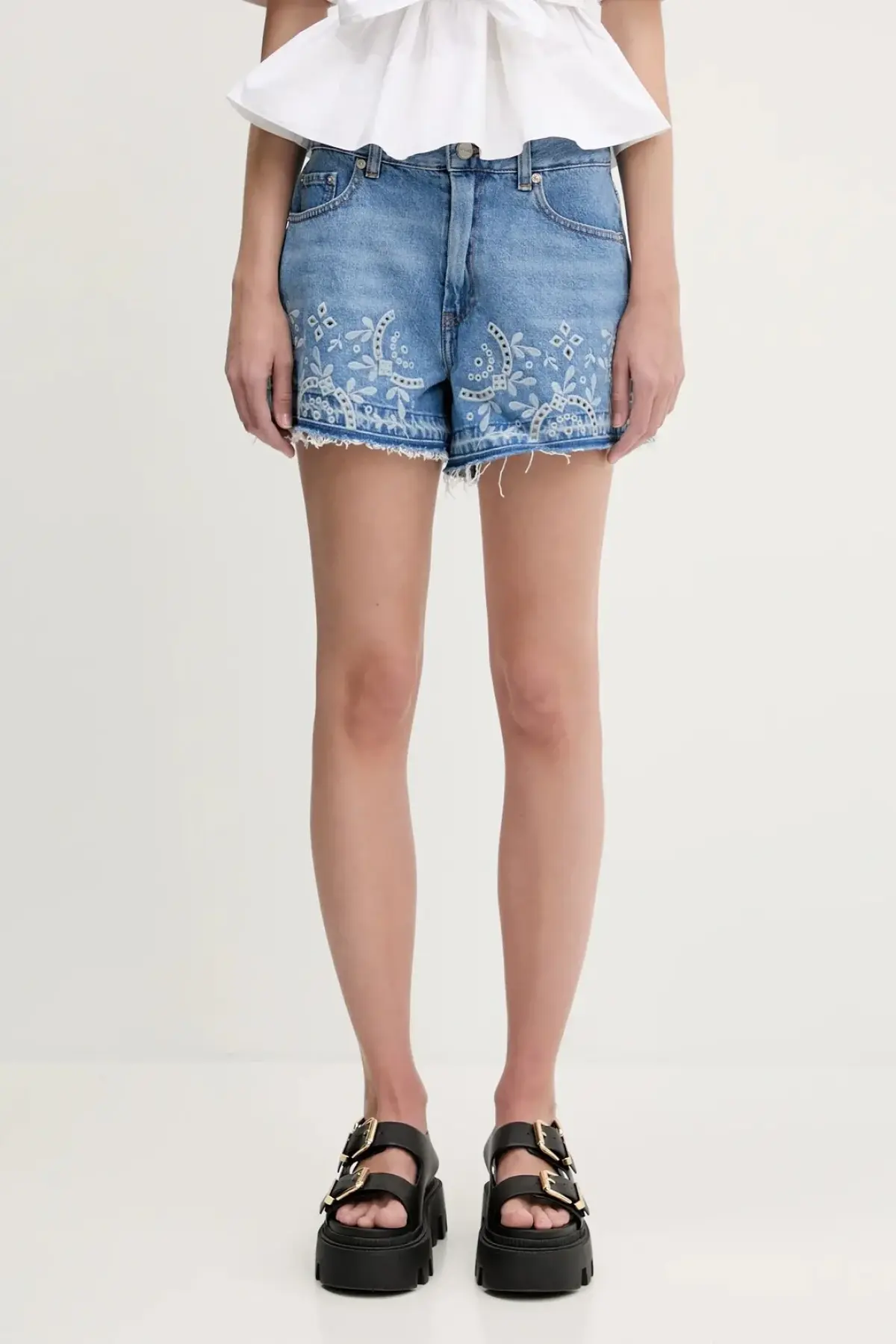 Джинсовые шорты GANNI Broderie Anglaise Denim однотонная высокая посадка
