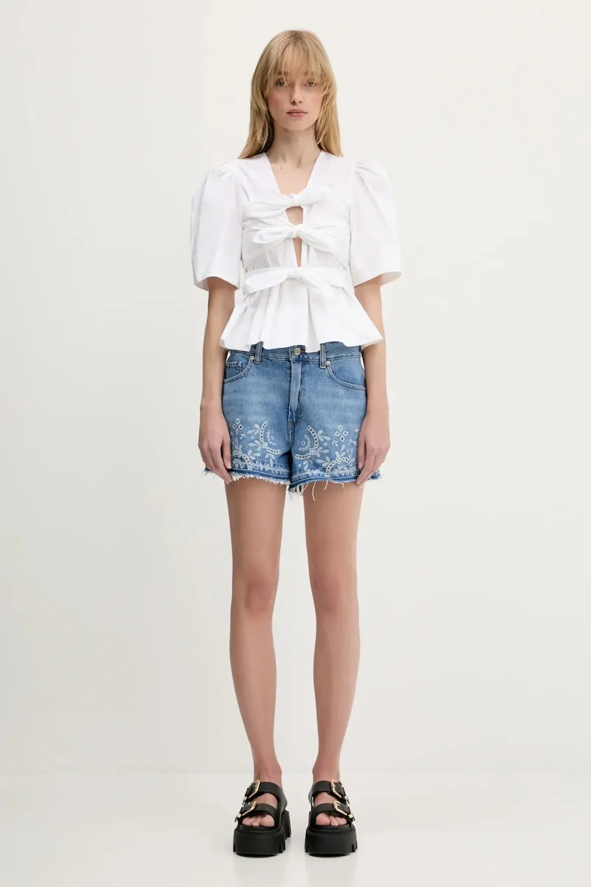 Джинсовые шорты GANNI Broderie Anglaise Denim однотонная высокая посадка