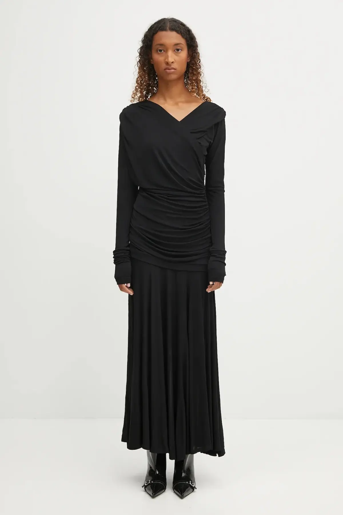 Платье GANNI Interlock Jersey Crossover Ruched Long цвет чёрный maxi расклешённое
