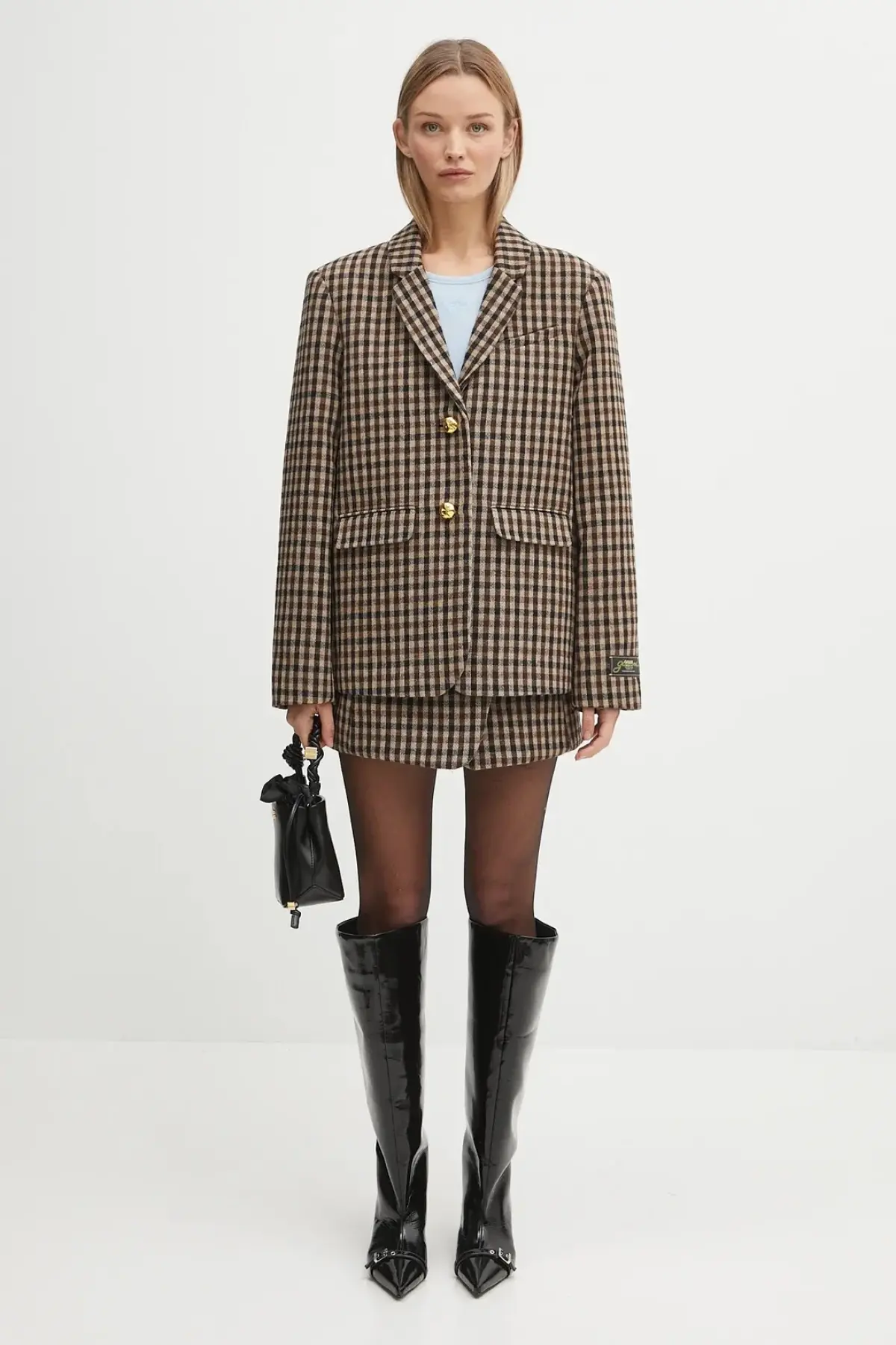 Пиджак с примесью шерсти GANNI Check Wool Mix Oversized Blazer цвет коричневый однобортный узор