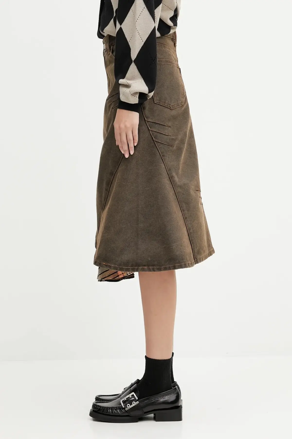 Хлопковая джинсовая юбка Andersson Bell Custom Flare Layered цвет коричневый midi расклешённая