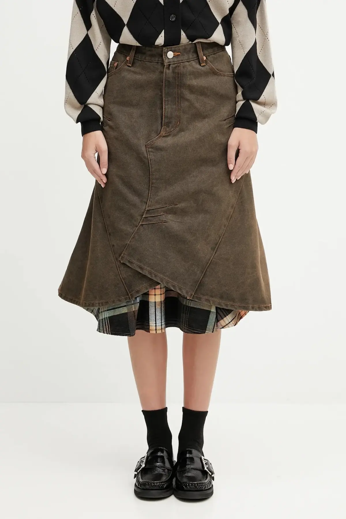 Хлопковая джинсовая юбка Andersson Bell Custom Flare Layered цвет коричневый midi расклешённая
