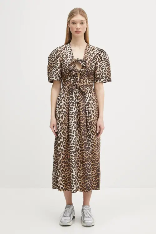 Хлопковое платье GANNI Printed Cotton Tie Strap Midi цвет коричневый midi расклешённое