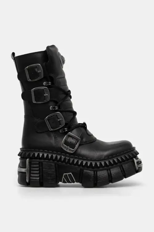 Кожаные полусапожки New Rock ITALI NEGRO NOMADA + TOWER CASCO + ACERO PICOS женские цвет чёрный на платформе M-WALL373-S10