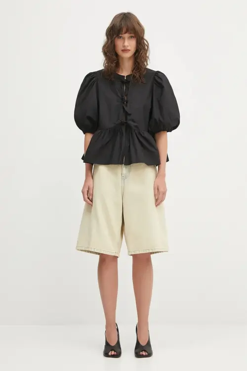 Хлопковая блузка GANNI Cotton Poplin Peplum цвет чёрный однотонная