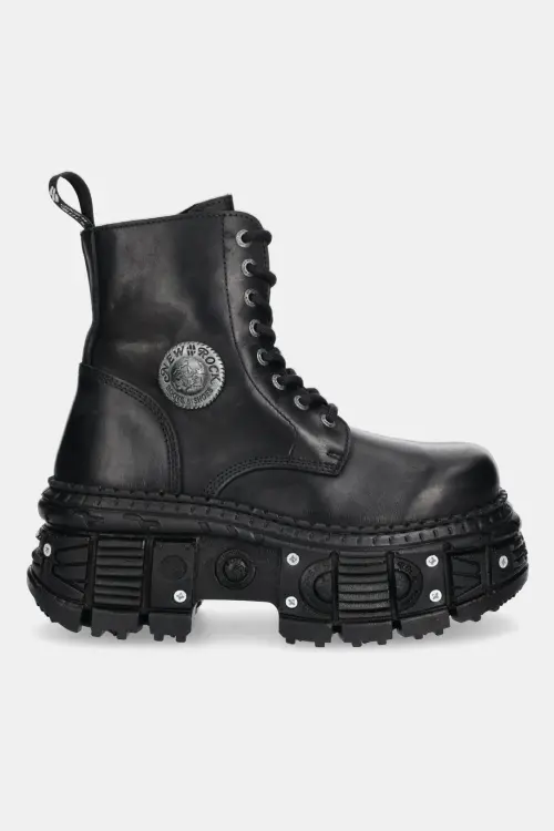 Кожаные полусапоги New Rock ITALI NEGRO GRUESO, TANK CASCO NEGRO TORNILLOS цвет чёрный на плоском ходу M-OVERZTANK001-C1