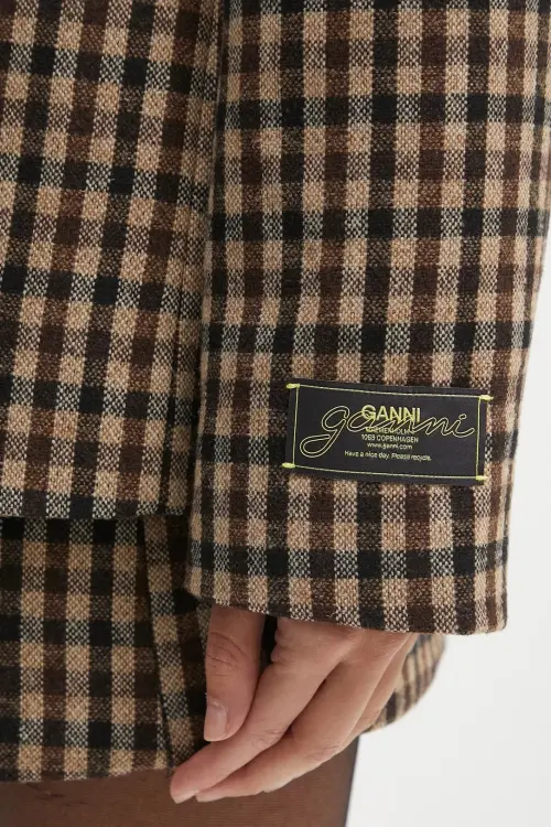 Пиджак с примесью шерсти GANNI Check Wool Mix Oversized Blazer цвет коричневый однобортный узор