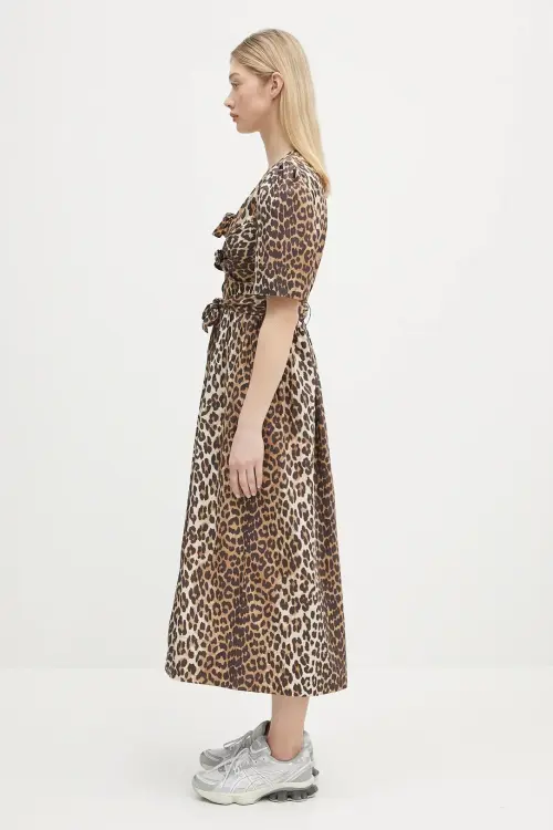 Хлопковое платье GANNI Printed Cotton Tie Strap Midi цвет коричневый midi расклешённое