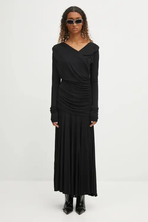 Платье GANNI Interlock Jersey Crossover Ruched Long цвет чёрный maxi расклешённое