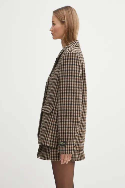 Пиджак с примесью шерсти GANNI Check Wool Mix Oversized Blazer цвет коричневый однобортный узор