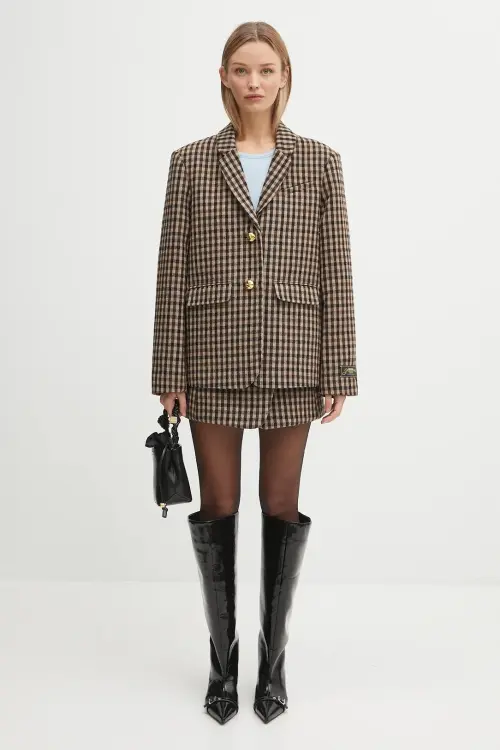 Пиджак с примесью шерсти GANNI Check Wool Mix Oversized Blazer цвет коричневый однобортный узор