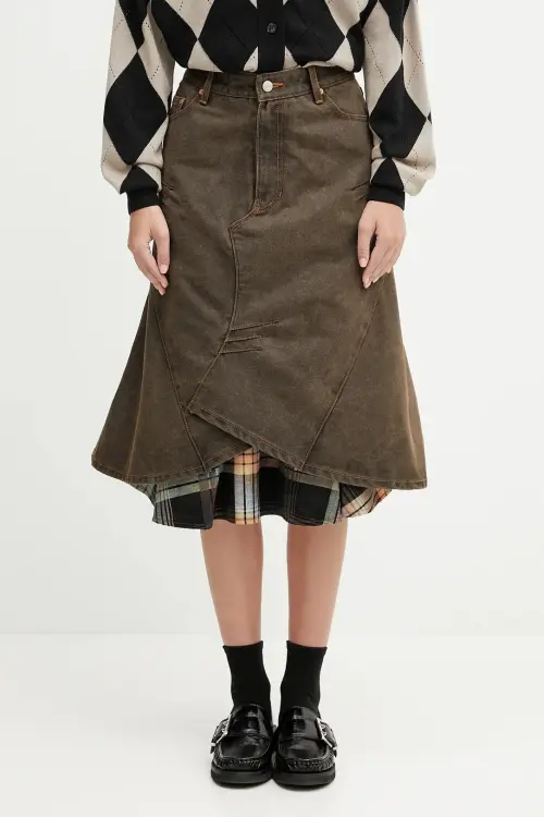 Хлопковая джинсовая юбка Andersson Bell Custom Flare Layered цвет коричневый midi расклешённая