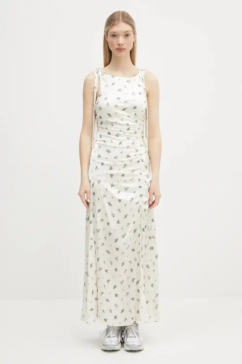 Платье GANNI Printed Satin Gathered Long цвет бежевый maxi прямое