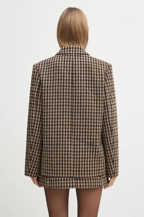 Пиджак с примесью шерсти GANNI Check Wool Mix Oversized Blazer цвет коричневый однобортный узор
